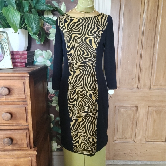 Misook Dresses & Skirts - Misook Black & Gold Abstract Knit Dress Size Small | Long Sleeve | Career Chic